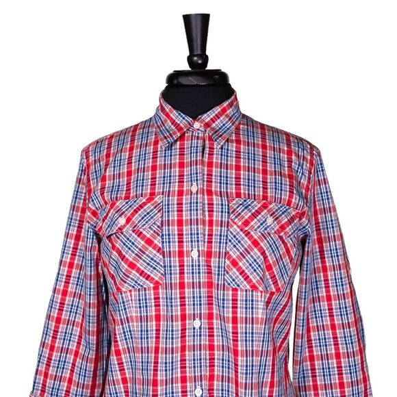 Chaps Ralph Lauren Women's Shirt Button Up Red Blue Plaid Check Blouse Top Large - Picture 5 of 8